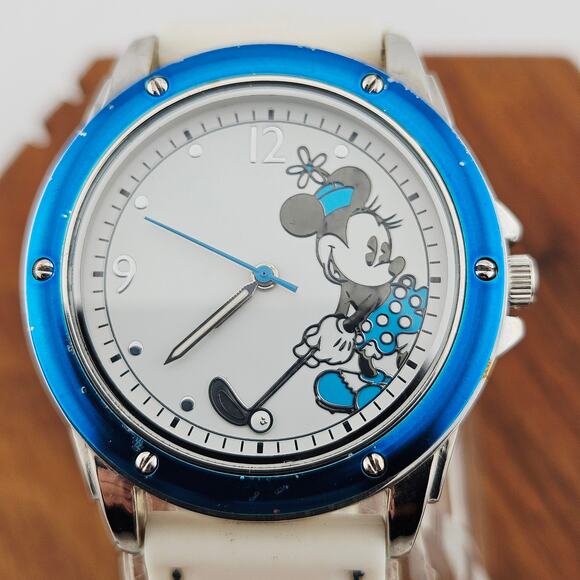 Disney Women's Minnie Mouse Character Watch Blue Bezel Cream Texture Band - Picture 2 of 7